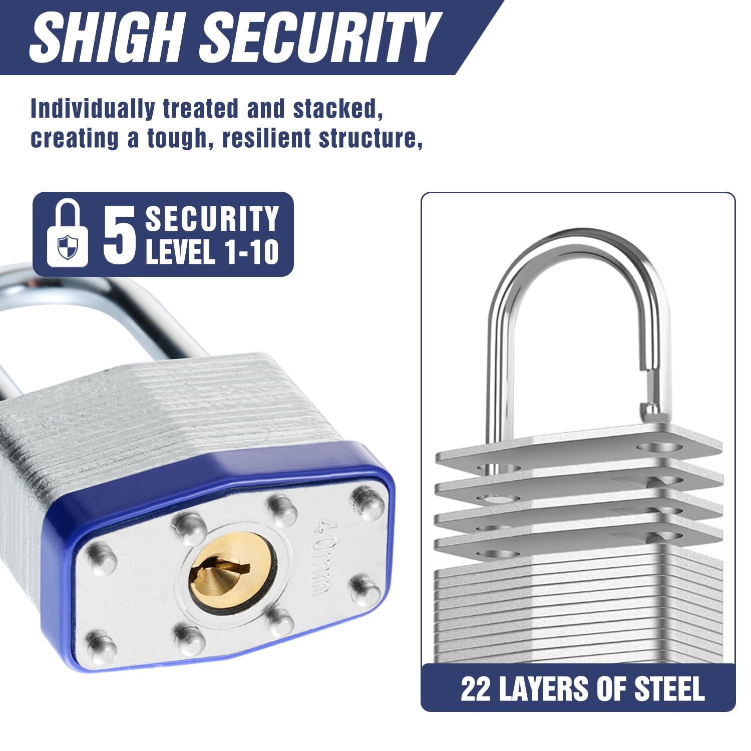 6Pcs Padlocks with Same Keys,Laminated Steel Blue Silver(1-9/16″,40mm),Long S…