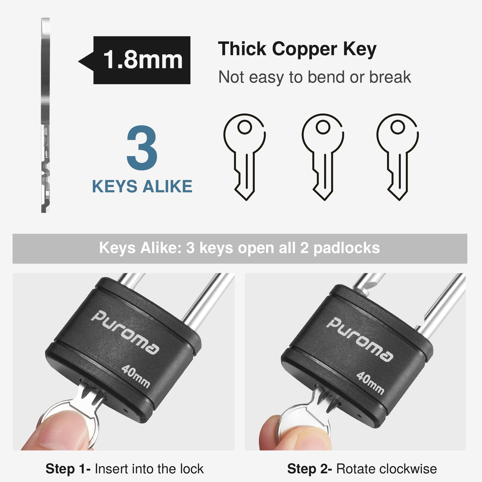 Puroma 2 Pack Keyed Padlock with 3 Keys, 2.5 Inch Locker Lock 40mm Heavy-Duty…