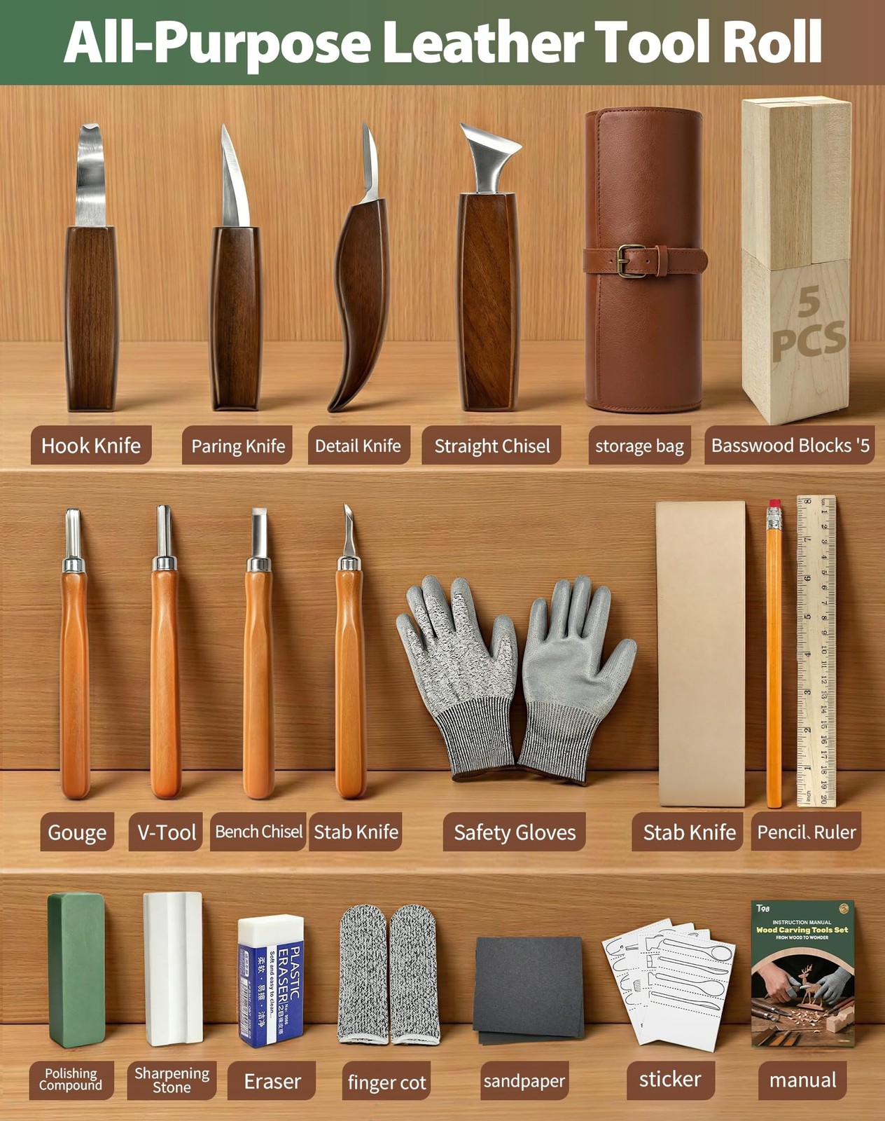 T98 28Pcs Wood Carving Kit, 8 Carving Knives Templates Leather Bag Gift silver
