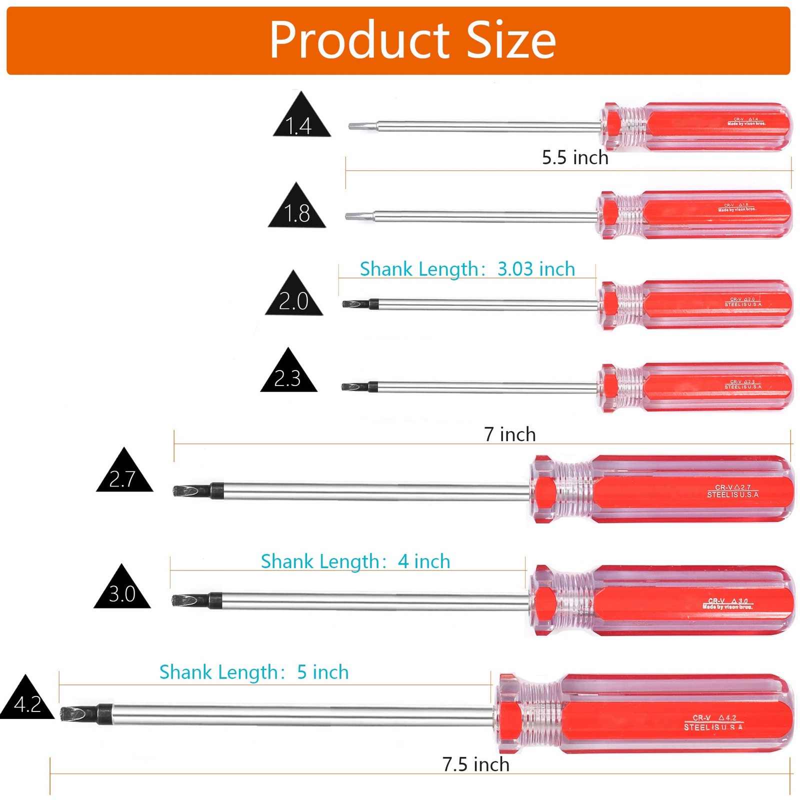 Triangle Screwdrivers Set 7 Sizes 1.4mm 1.8mm 2.0mm 2.3mm 2.7mm 3.0mm 4.2mm, SKZ