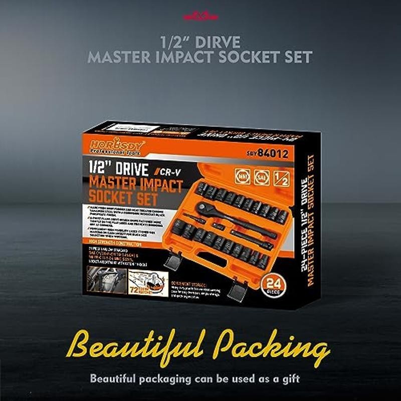 24pc 1/2″ Drive Impact Socket Set SAE/Metric Cr-V 6-Point W/ Ratchet Handle New