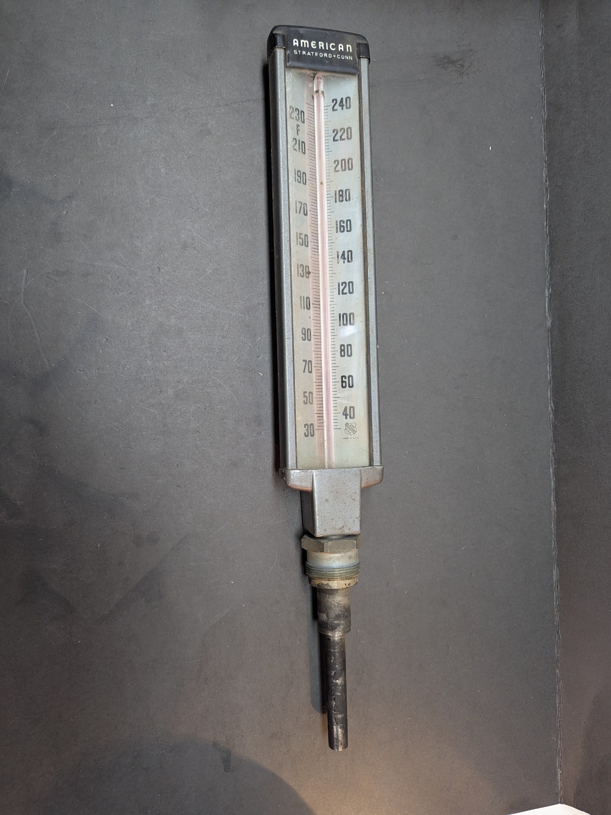 American Stratford Conn Angle Industrial Steampunk Large Thermometer 0-240 USA