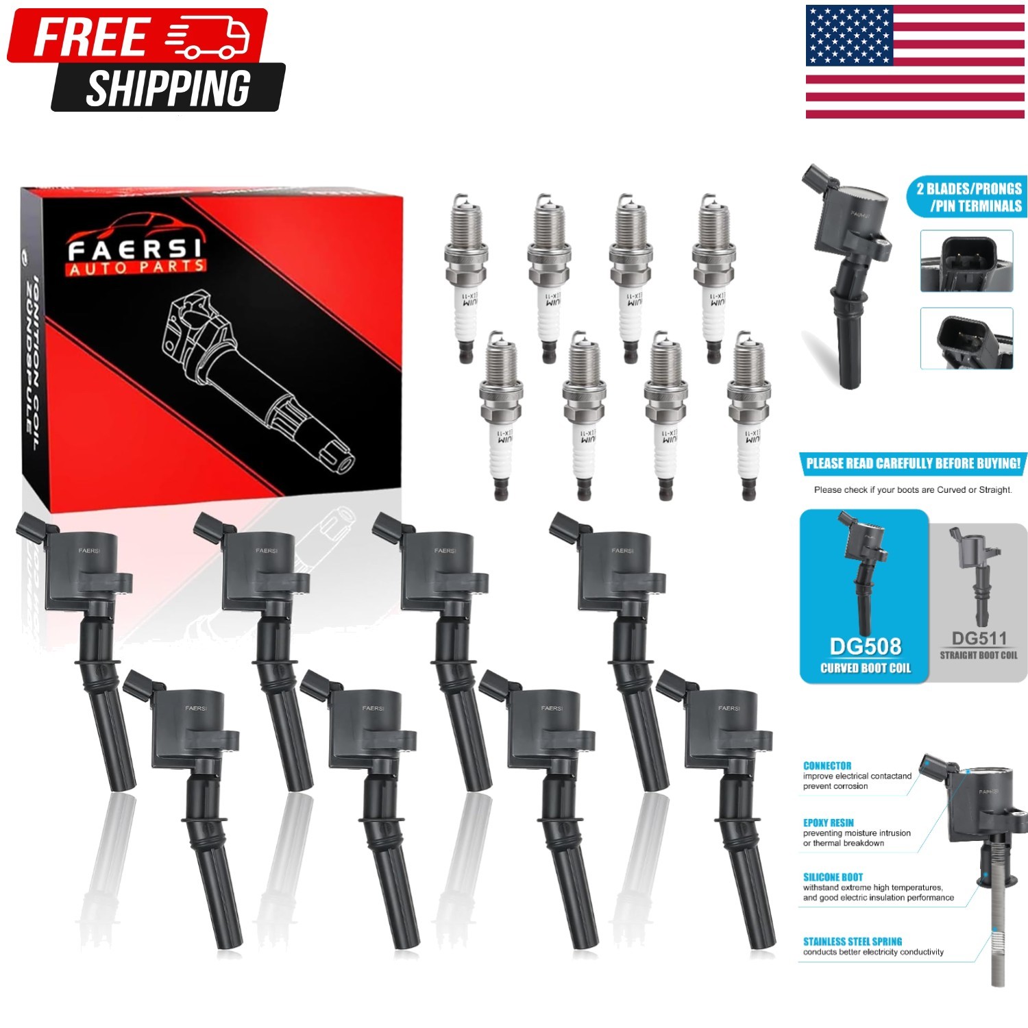Ignition Coils Pack Compatible with Ford, Lincoln, Mercury, Set of 8 Fit