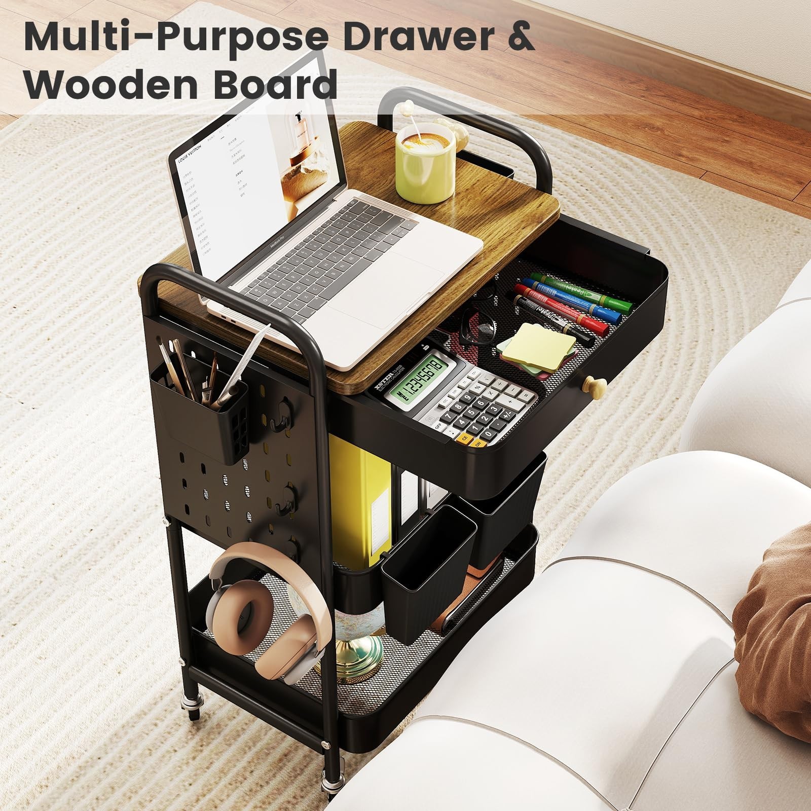 danpinera 3-Tier Rolling Cart, Metal Rolling Storage Cart with Wooden Table T…