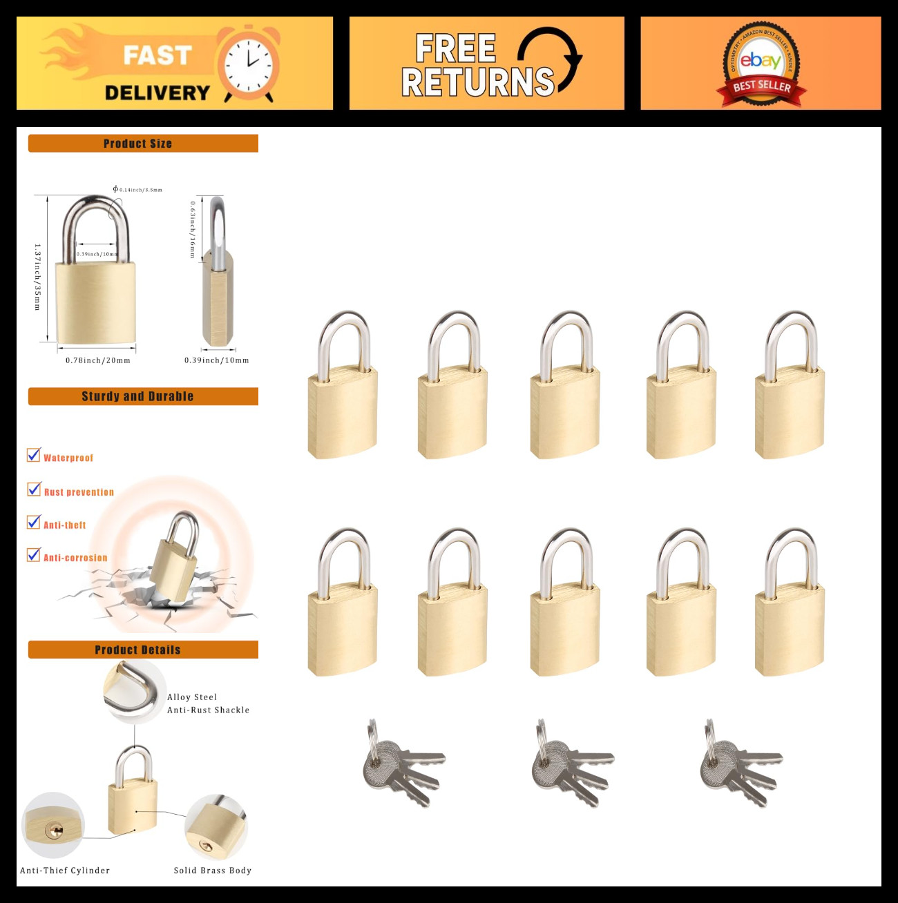 10-Pack Mini Brass Padlocks Keyed Alike, 3/4″ Wide, Ideal for Luggage, Toolboxes