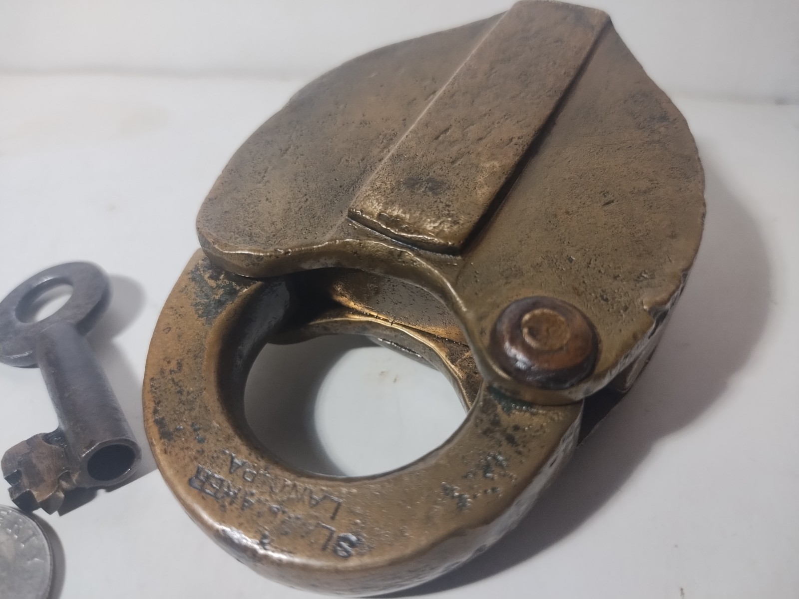 Rare Antique T Slaight Padlock w Skeleton Key Works Heavy