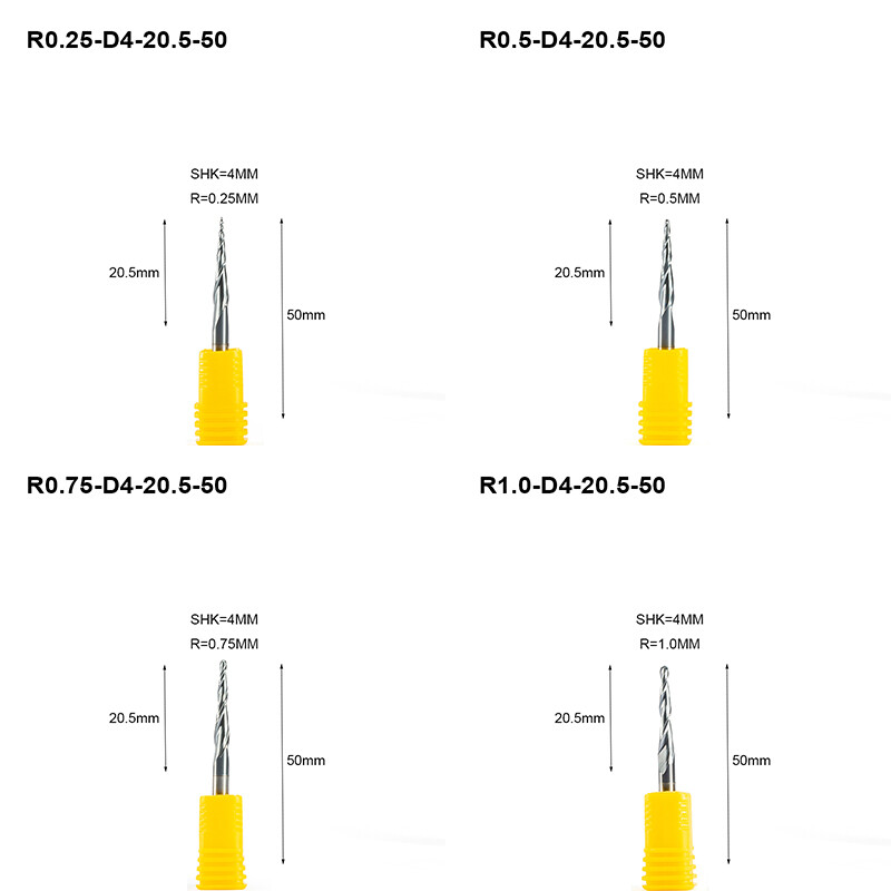 R0.25&0.5&0.75&1.0mm*D4mm Tapered Ball Nose end mills Taper CNC Milling Cutter