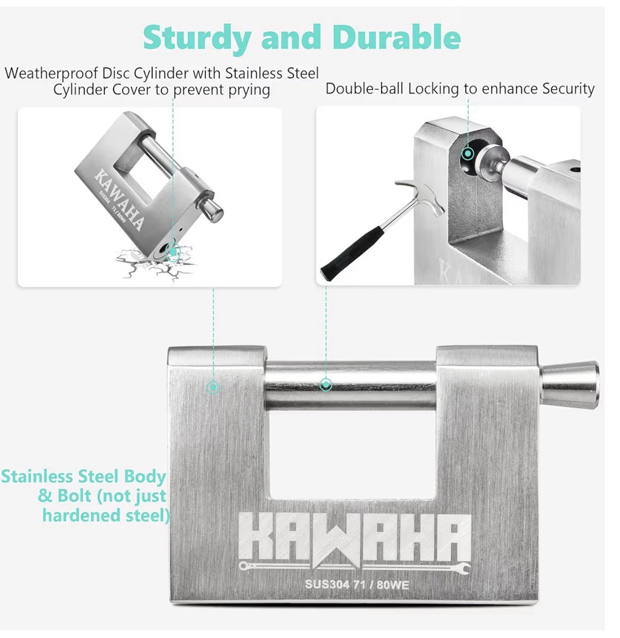 71/80-4PS Stainless Steel D Padlock w/ SS Keys, 3-1/8”, Keyed Alike, 4-Pack