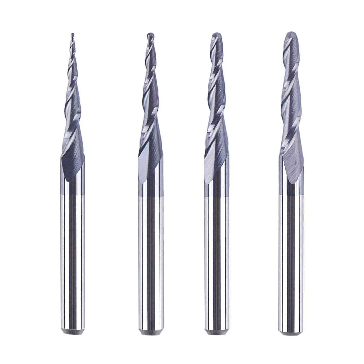 4Pcs/Pack Assorted R0.25~1.0 Tip 1/8″ Tapered End Mill Cone Ball Nose Carbide Bi