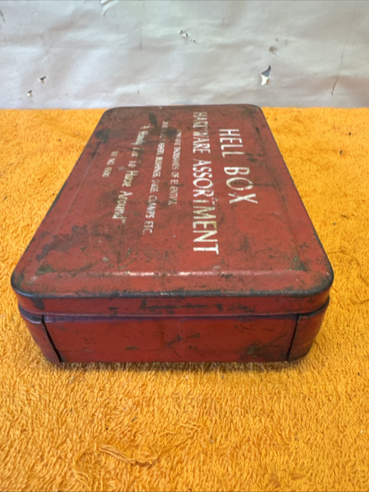 1H – Vintage Empty Red Hell Box Tin Tool Kit #6500 Measures 7.5”x4.5”x1”