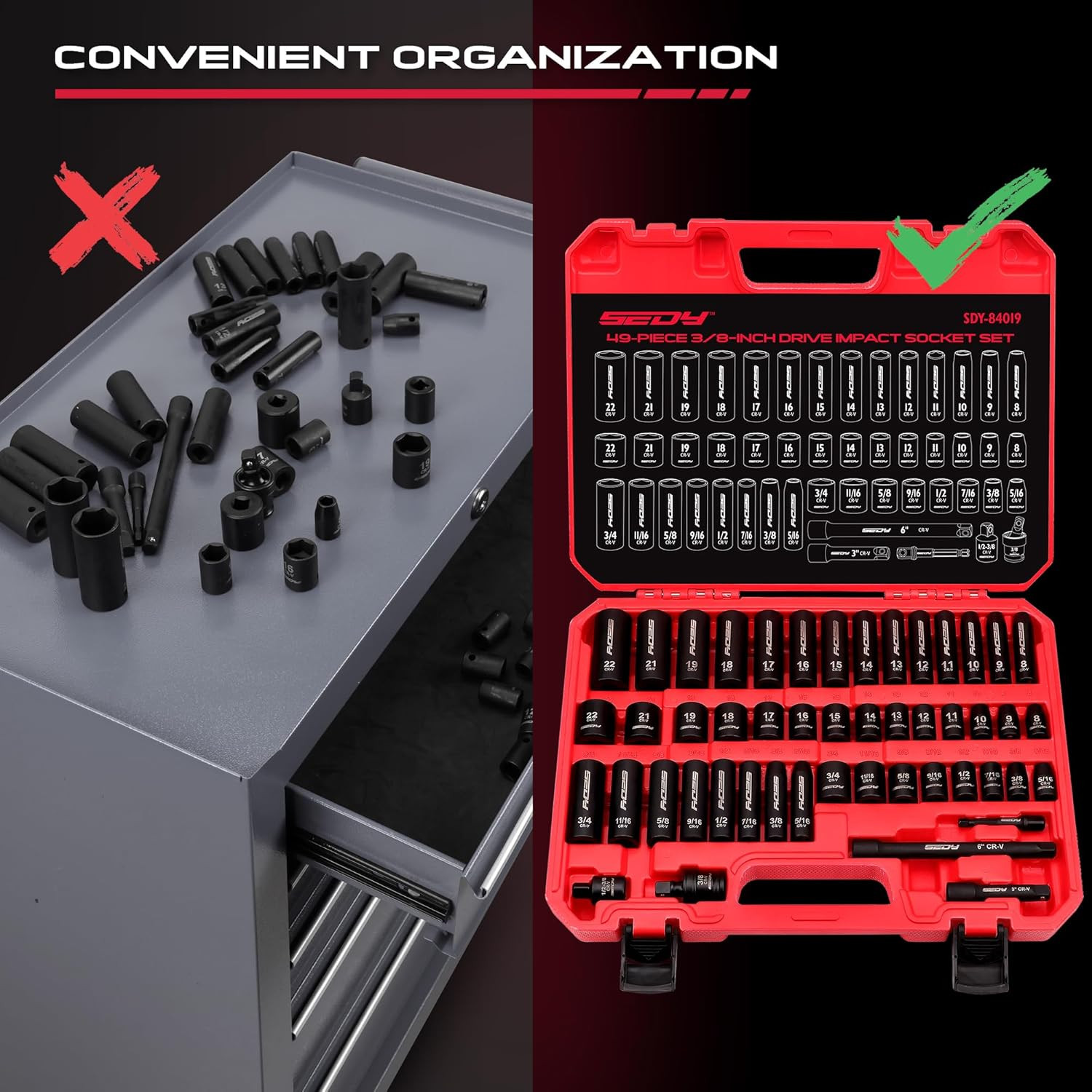 3/8″ Drive Impact Socket Set – 49-Piece SAE (5/16 to 3/4 Inch) and Metric (8-22M