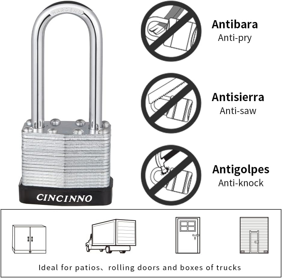 Laminated Steel Padlock with Key，6 Pack Keyed Alike Padlocks with Long Shackle