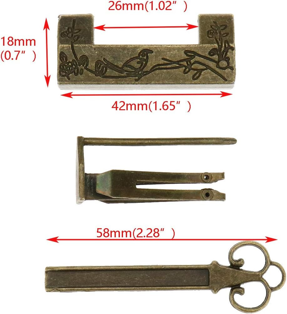 Antique Chinese Lock and Key, Flower Bird Carved Retro Padlock Old Vintage Lock