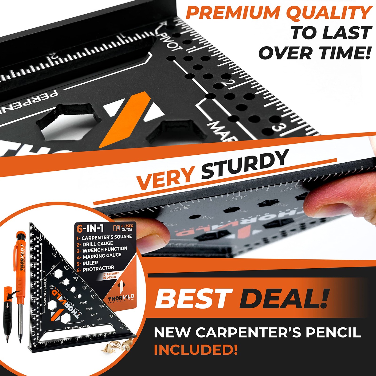 THORVALD 6-in-1 Carpenter Square 7 inch (1/16″ Precision) T Black