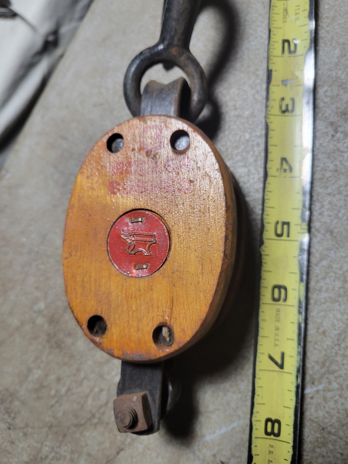Vtg small Block & Tackle ANVIL Brand 3 3/8” long plus hook/& wheel Pulley fine
