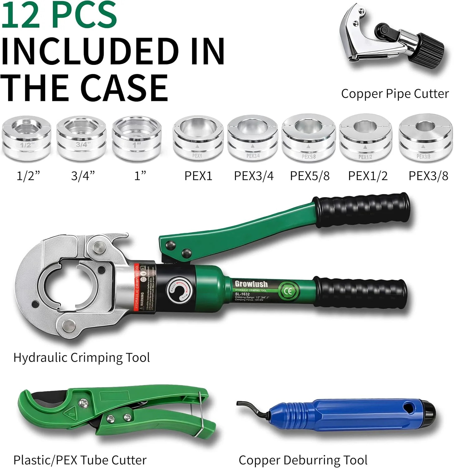 Pex Pipe Crimping Tool kit for 3/8,1/2,5/8,3/4,1-inch Copper Ring with Free Gaug