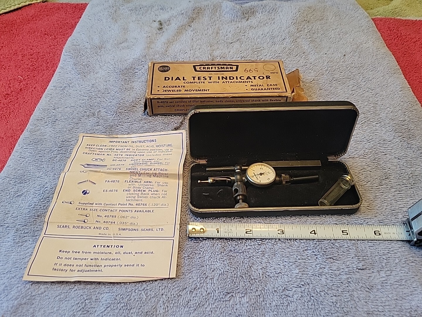 Craftsman No. 9-4076 Jeweled Bearing Dial Test Indicator W/Box & Paperwork USA