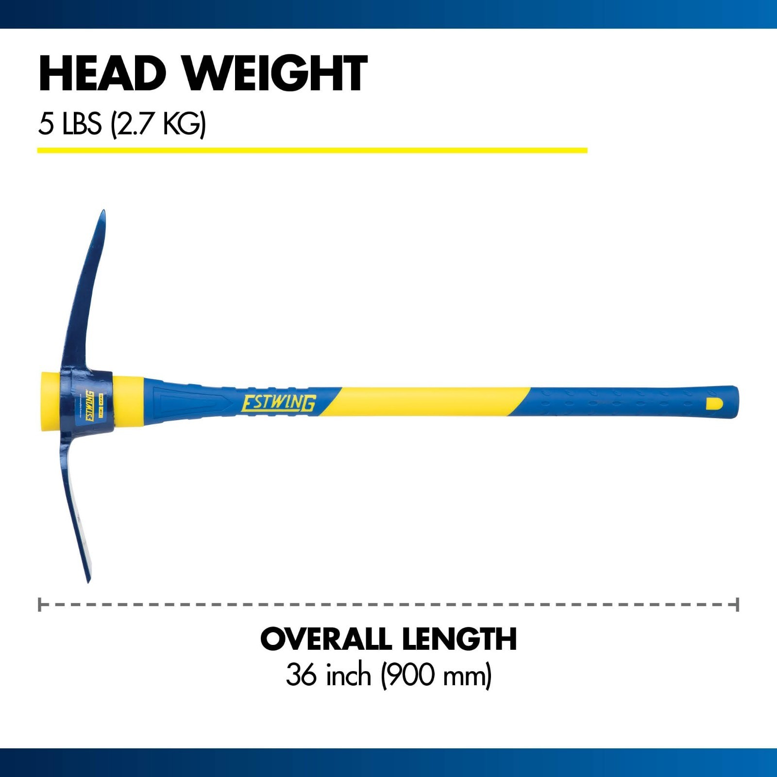 5 lb Pick Mattock with 36″ Fiberglass Handle – Heavy Duty Tool for Breaking Hard