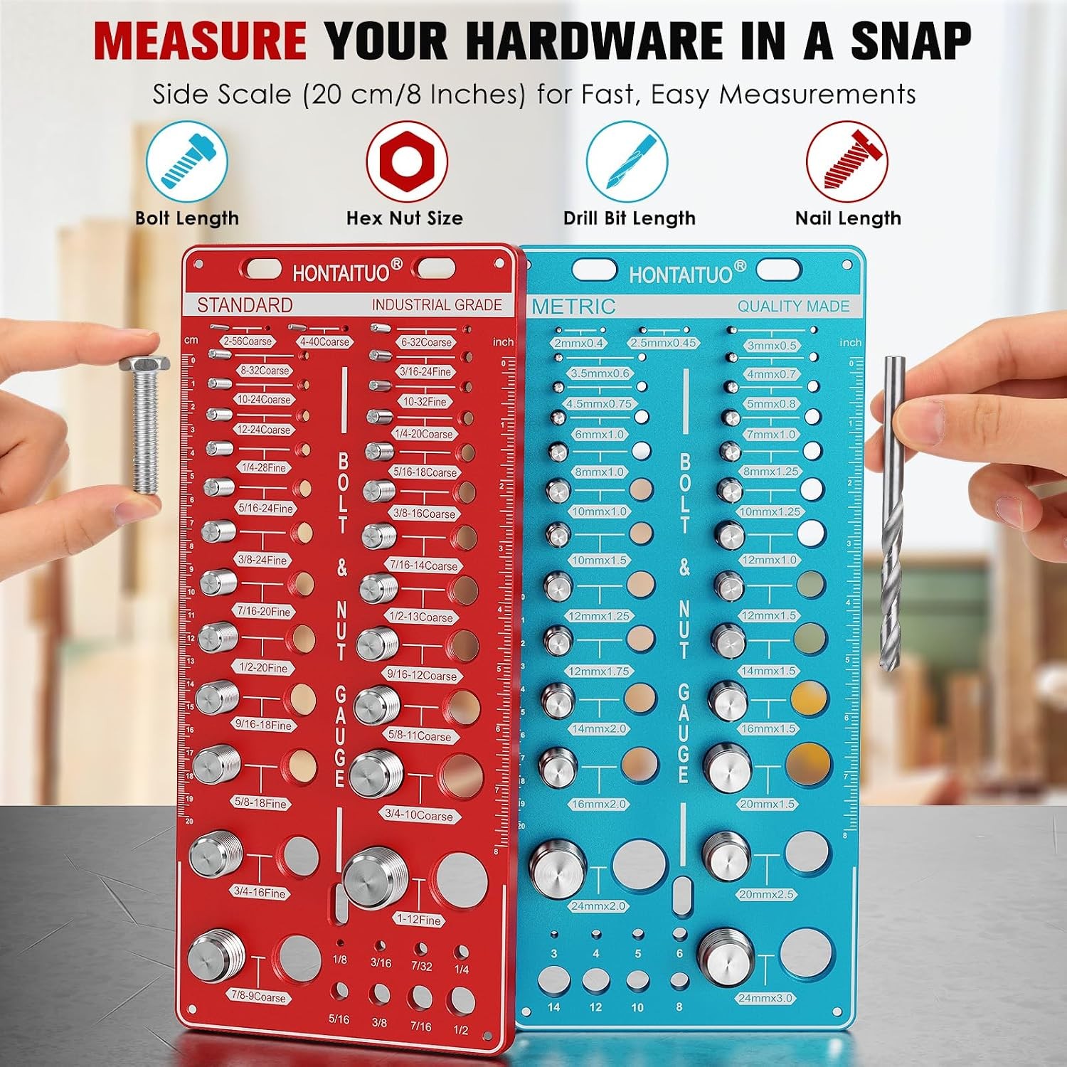 68 Nut & Bolt Thread Checker, Standard/Metric, 26+26 Bolt & 16 Drill Gauge