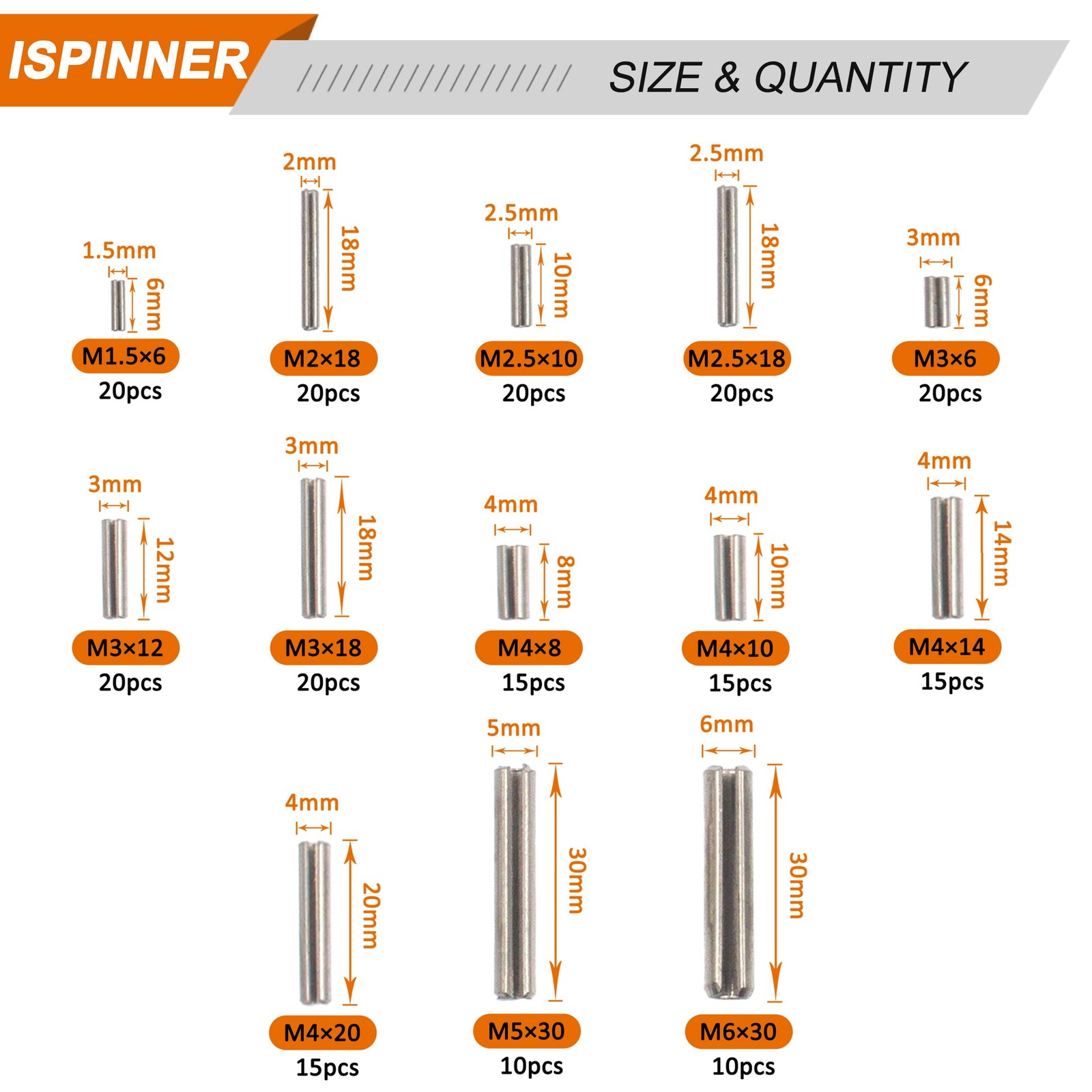 220pcs Roll Pin Set, Stainless Steel Slotted Spring Pin Assortment Kit M1.5 M2
