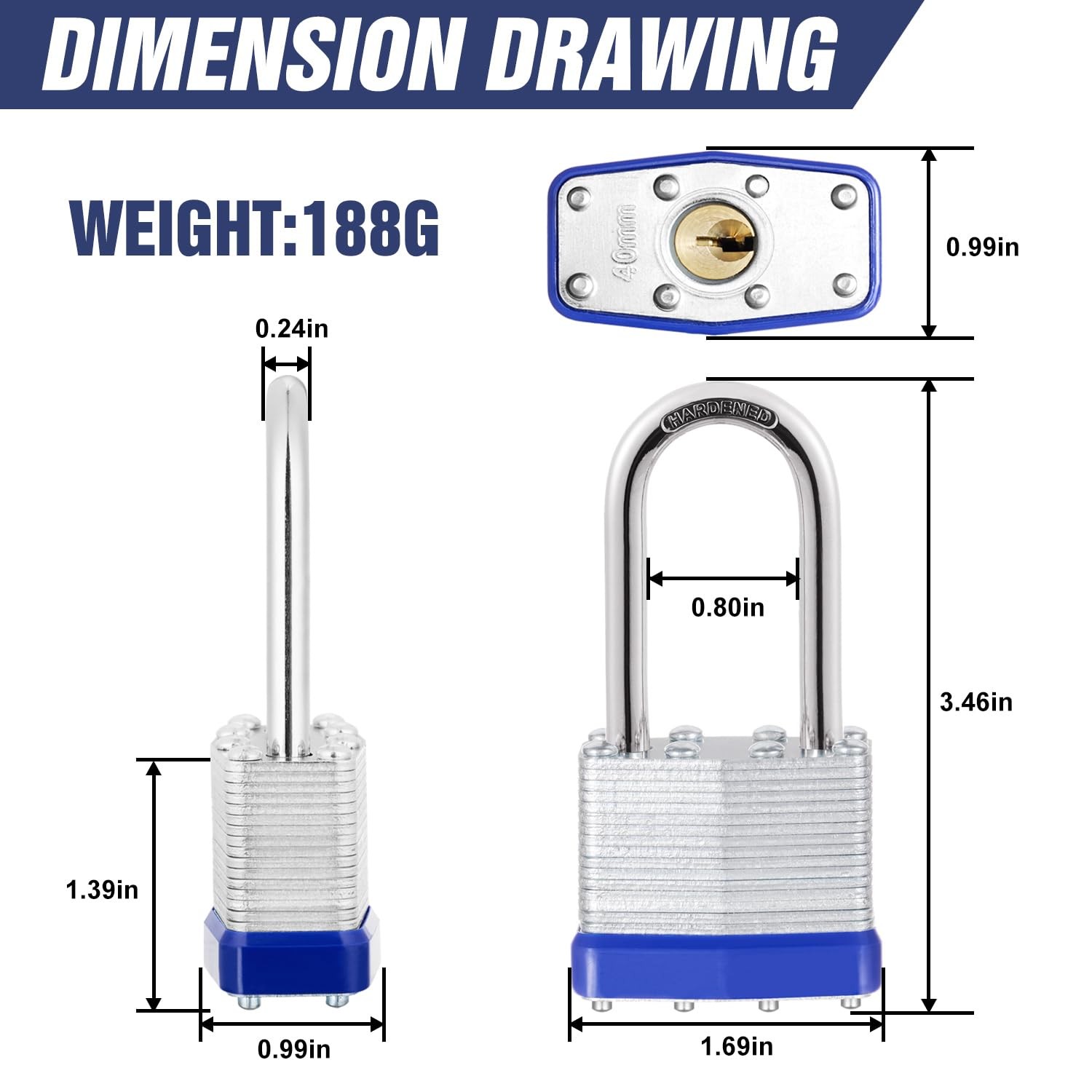 6Pcs Padlocks with Same Keys,Laminated Steel Blue Silver(1-9/16″,40mm),Long S…