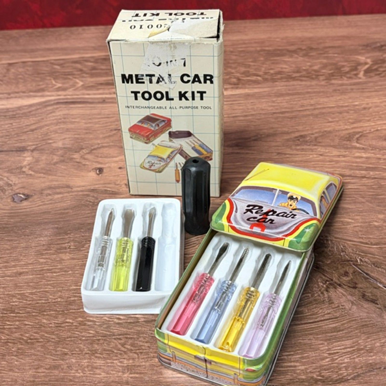 Vintage 10 in 1 Metal Car Tool Kit Hong Kong Tin Box Missing 1 Driver AS IS