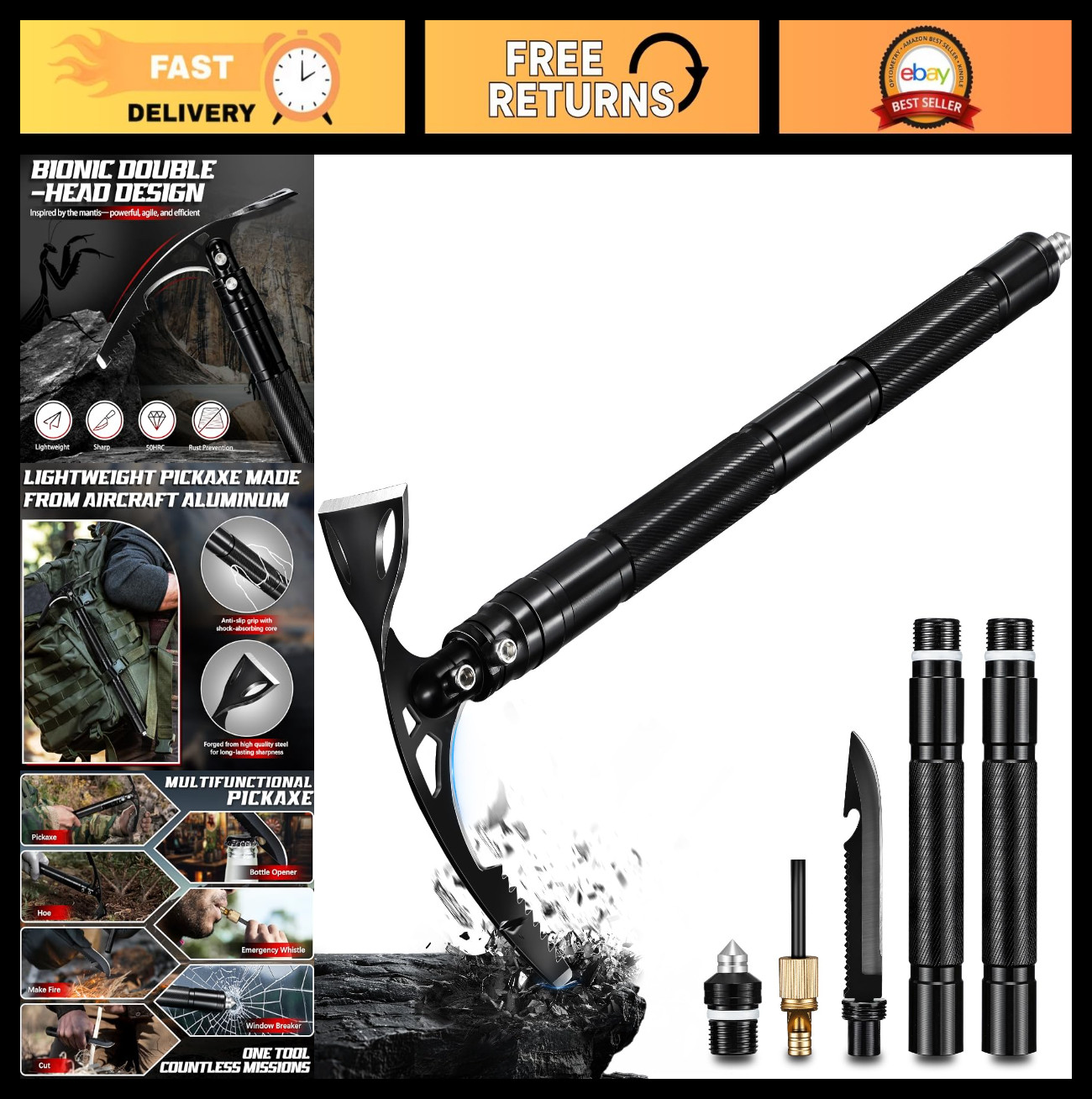 8-in-1 Folding Pick Axe Mattock, Multi-Purpose Garden Hoe & Survival Knife, Stai