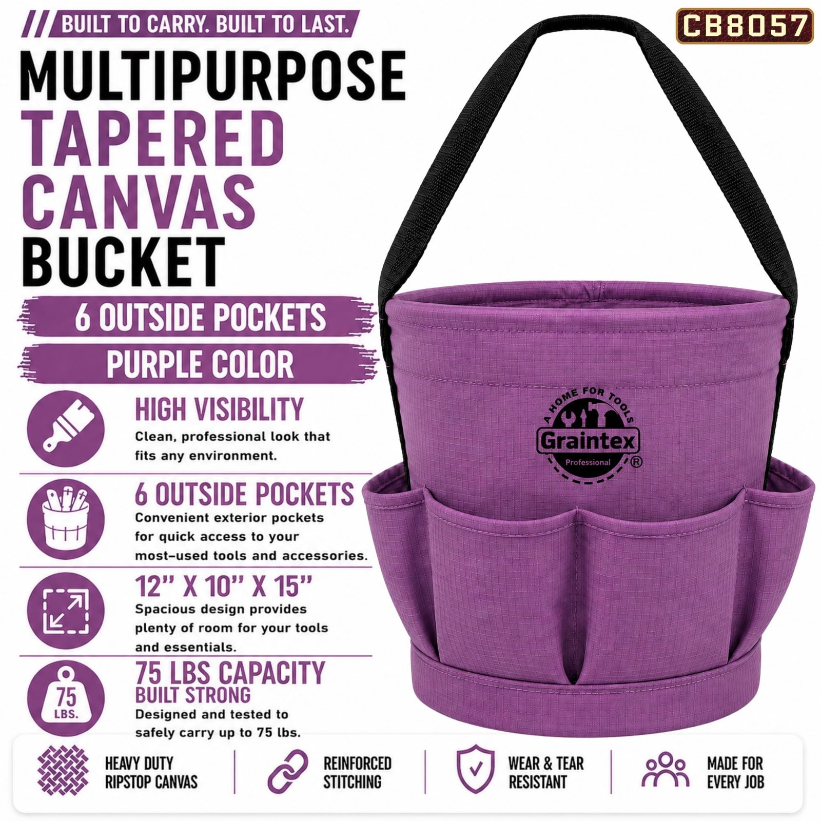 Graintex Tapered Canvas Bucket 12″x10″x15″, Utility Tool Bucket 6 Pockets Out…