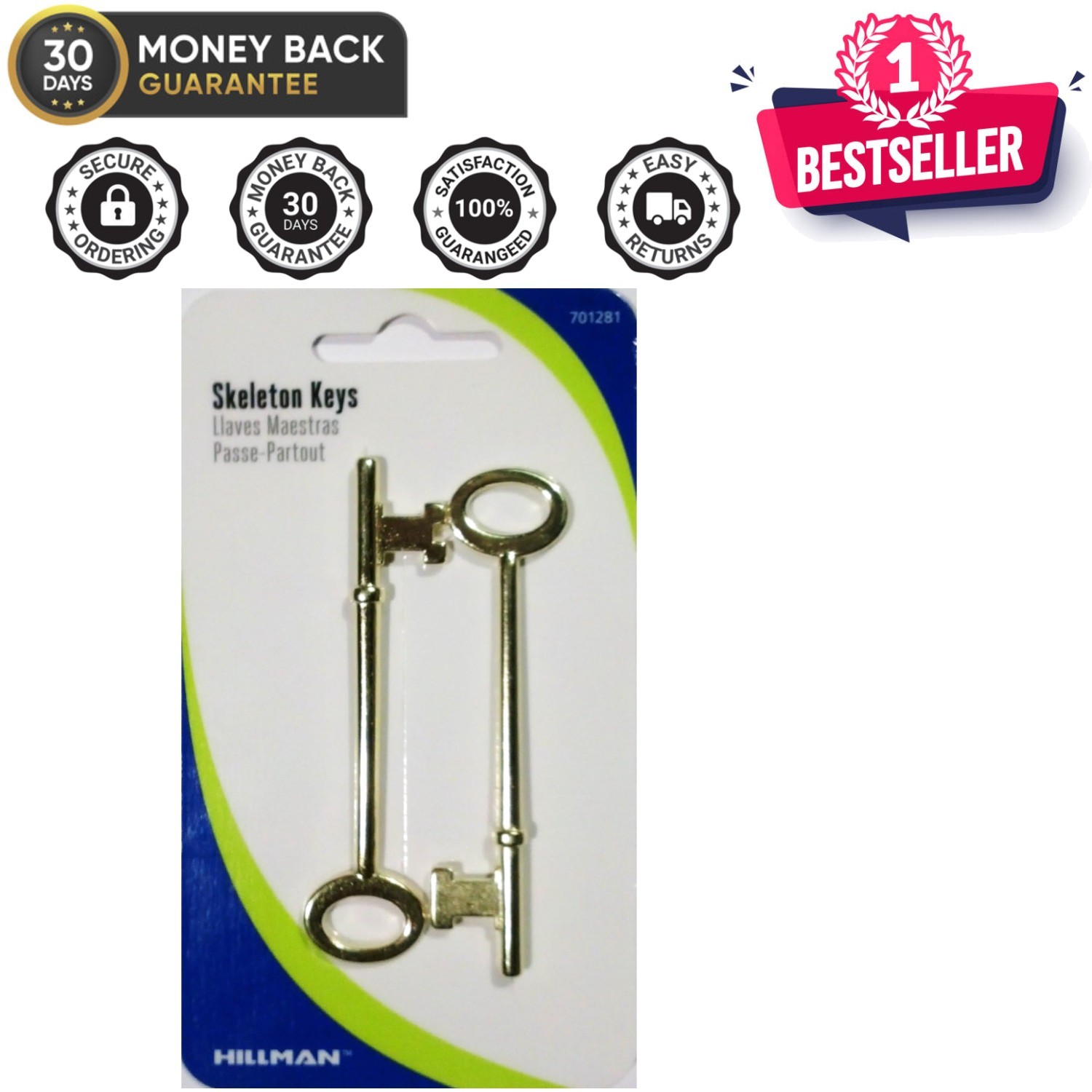 2 Pack Standard Skeleton Keys with Slot – Brass Finish for Classic Locks