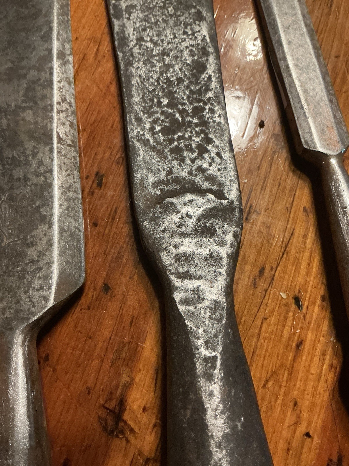 Lot of 3 Old Socket Chisels 1 Oak LEAF 2 Unmarked One Hand Forged One Unmarked