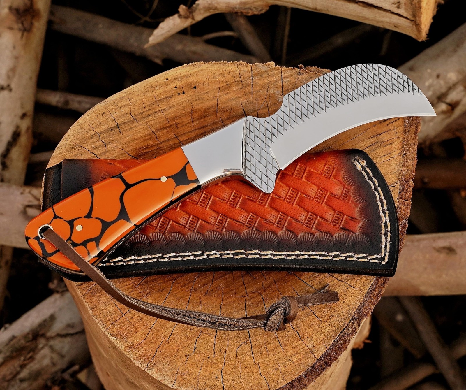 Farrier Rasp Steel Hawkbill Knife, Fixed Blade Full Tang, Leather Sheath, Wir…
