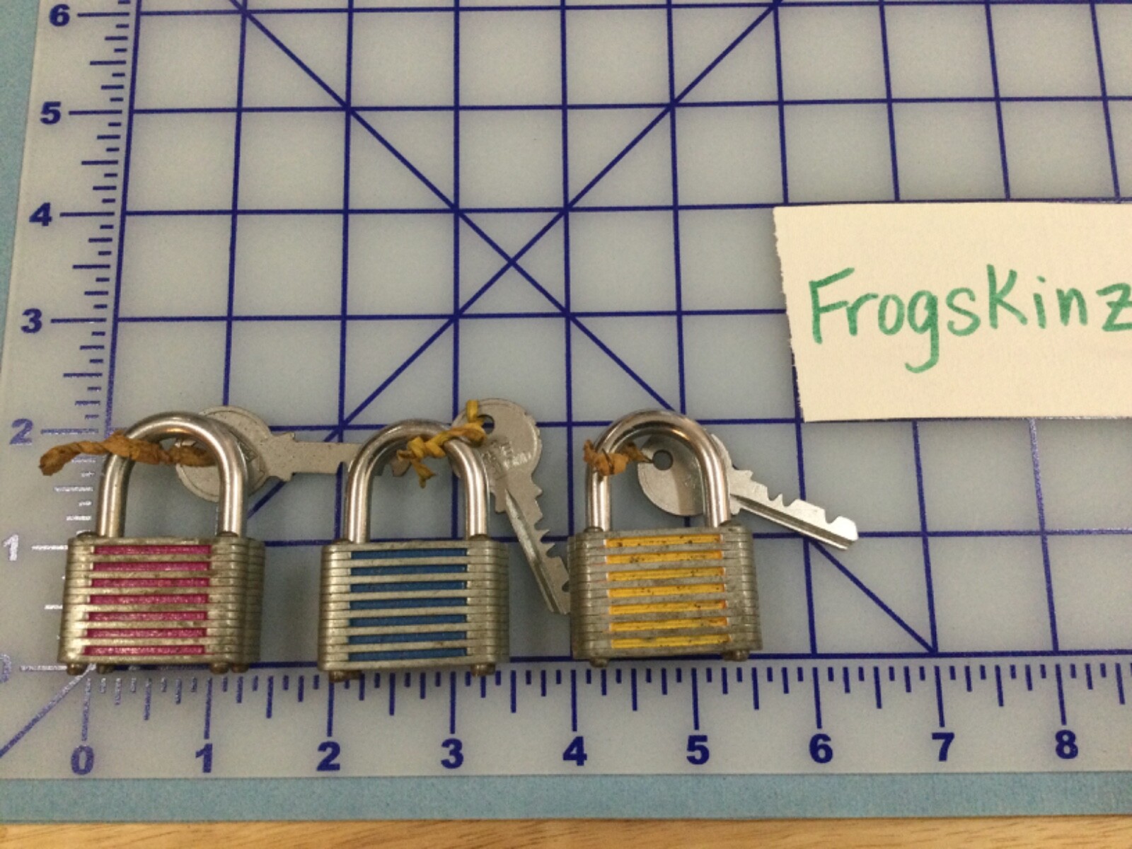 3 vintage Diamond padlocks pink blue yellow keyed different