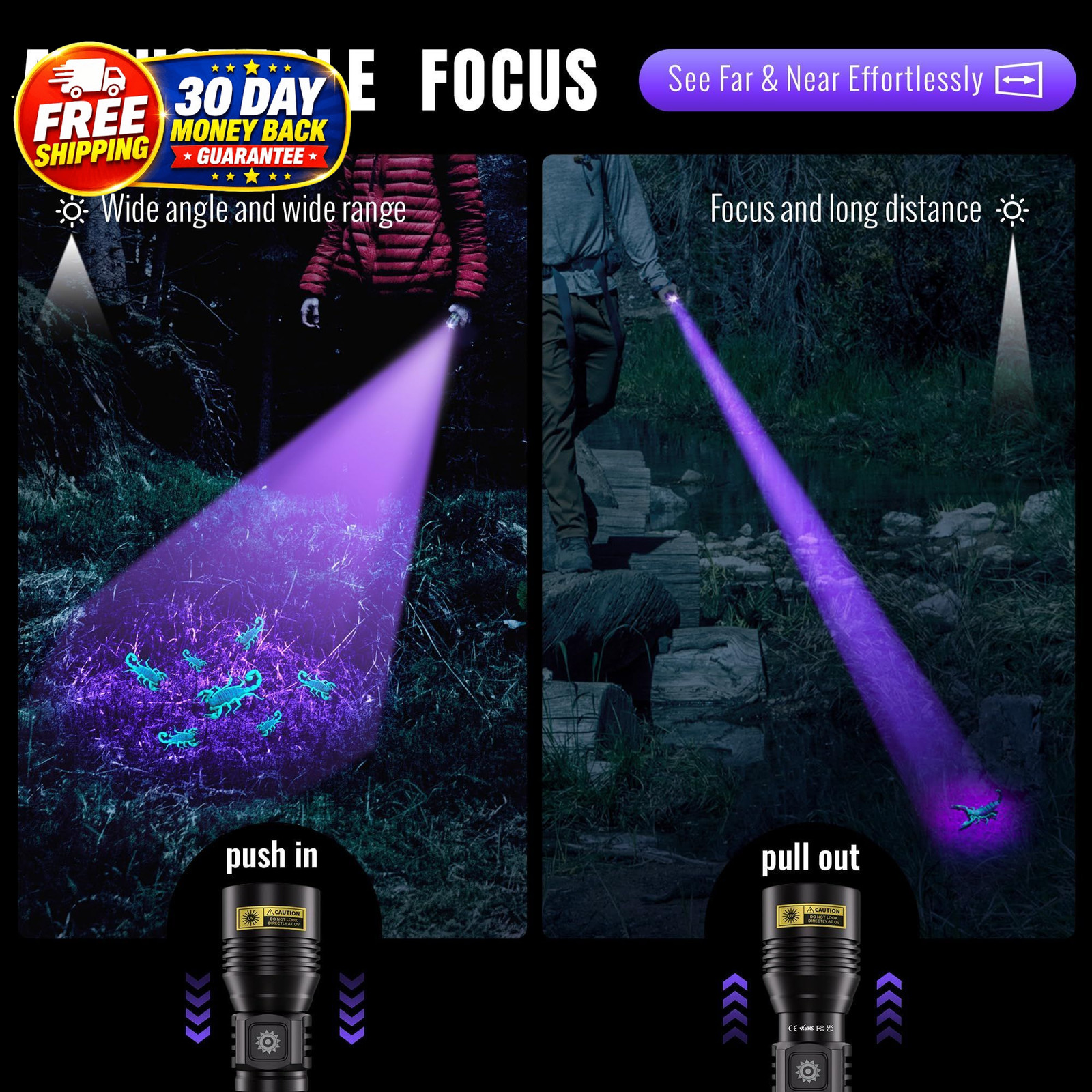 UV Flashlight 365nm & 395nm Dual Black powerful01, 365nm+395nm