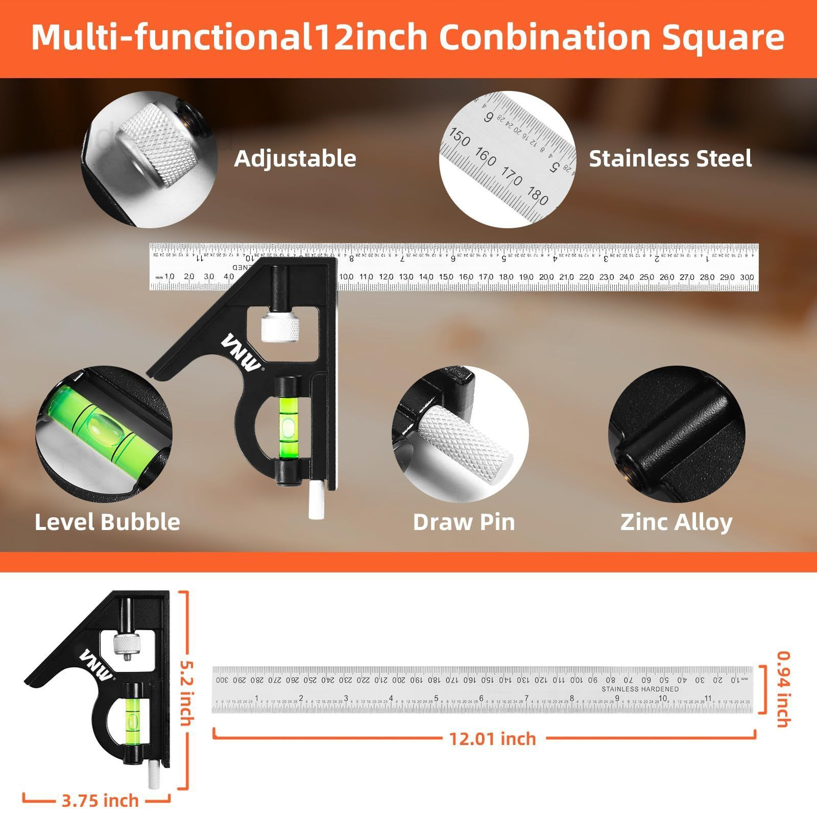 12inch Zinc Alloy Combination Square and 7inch Aluminum Rafter Red