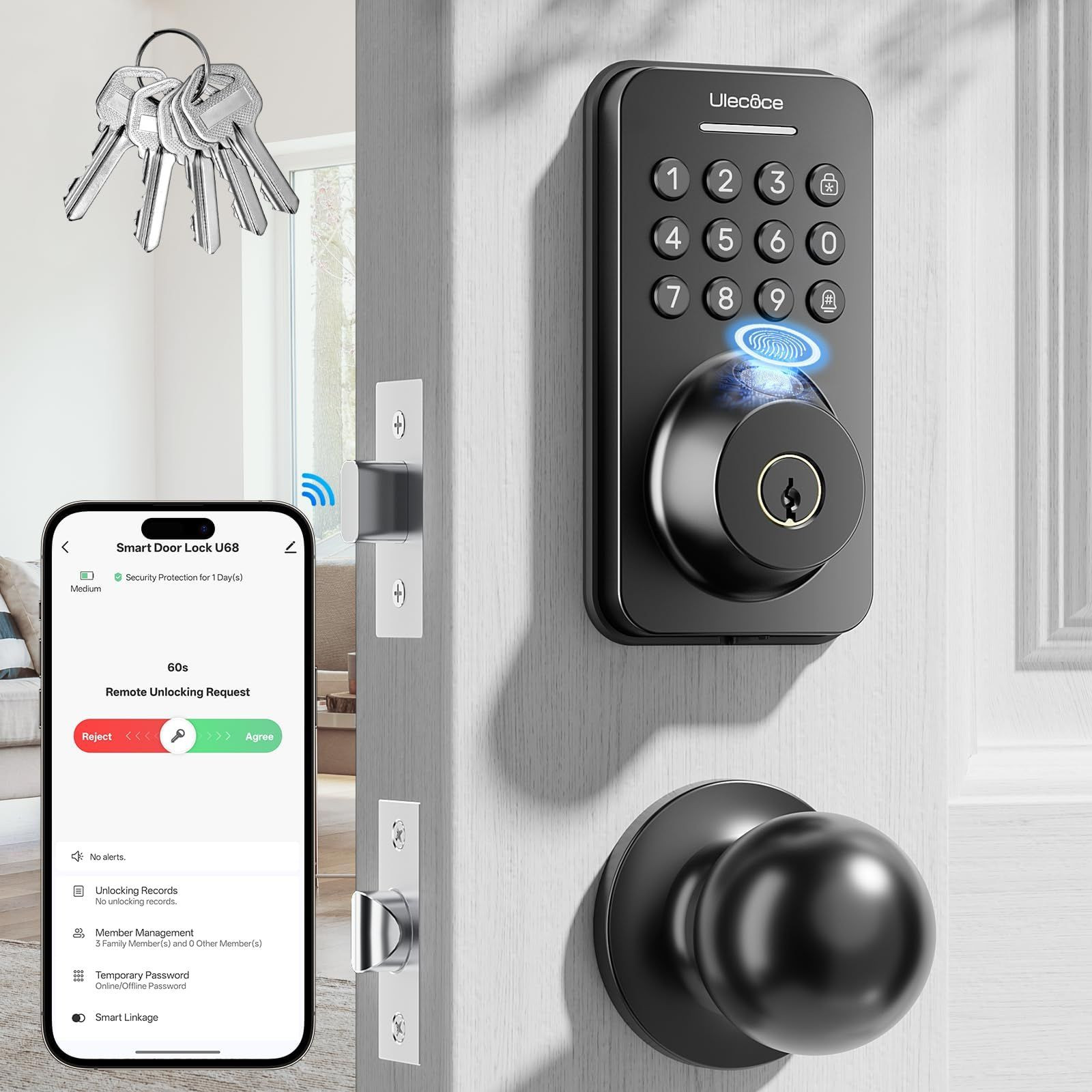 Ulecoce Keyless Entry Door Lock with Handle Set, Built-in WiFi, Black