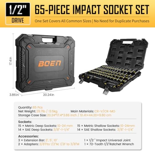 Impact Socket Set BOEN 65pc 1/2″ Drive SAE Metric