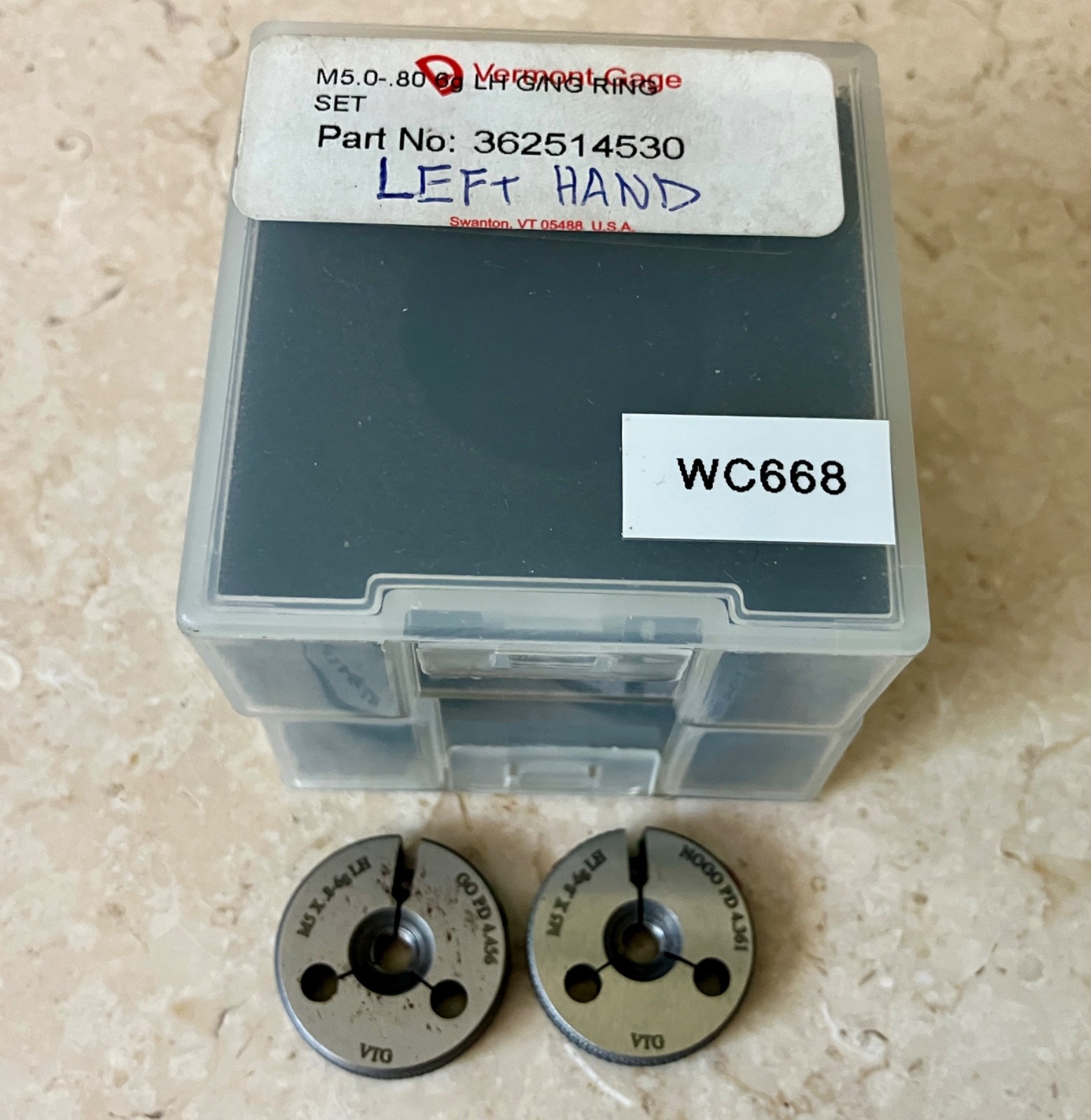 VERMONT GAGE M5 X .8 6g LEFT HAND THREAD RING GAGES 5 0.8 GO NO GO = 4.456 4.361