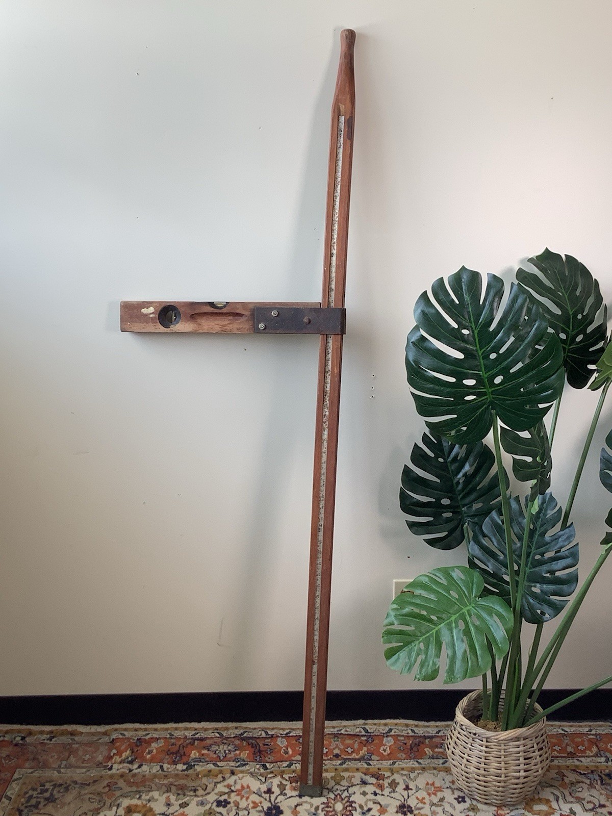 Antique Double Sided Wooden 5ft. Measuring Stick Rule w/ Built-in Level