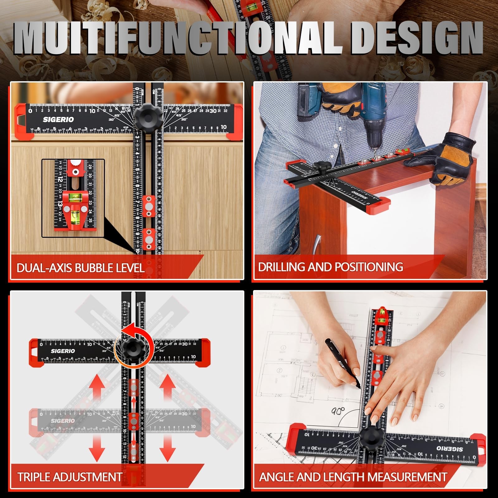 4 in 1 Drilling Positioning Ruler, Aluminum Alloy T Square Ruler 14in, Multif…