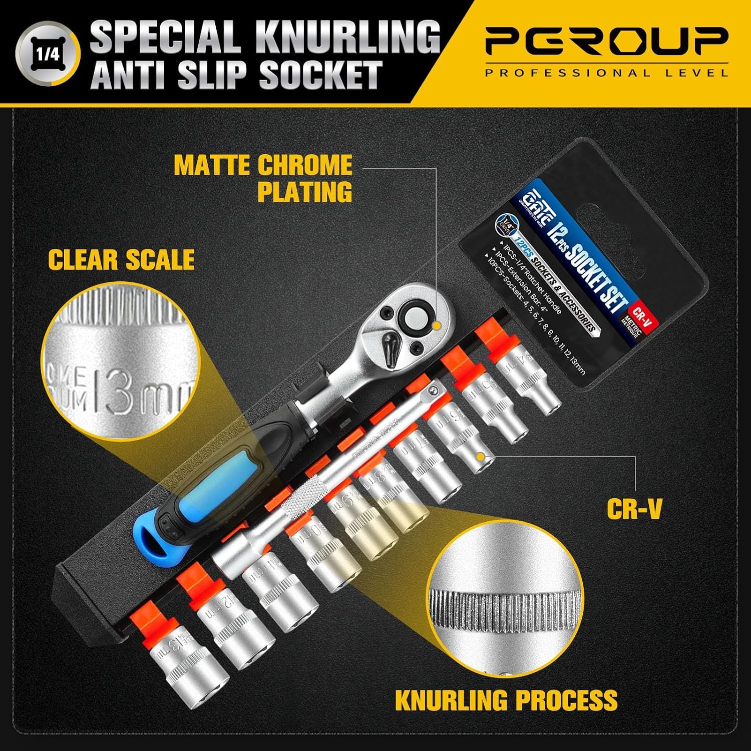 12PCS 1/4″ Drive Metric Socket Wrench Set, 90-Tooth Reversible Ratchet