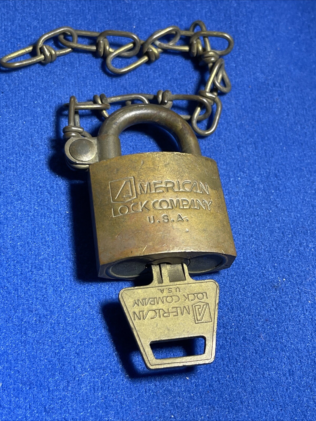 Vintage American Lock Company U.S. Military Brass Padlock w/ Key + Chain WORKS!