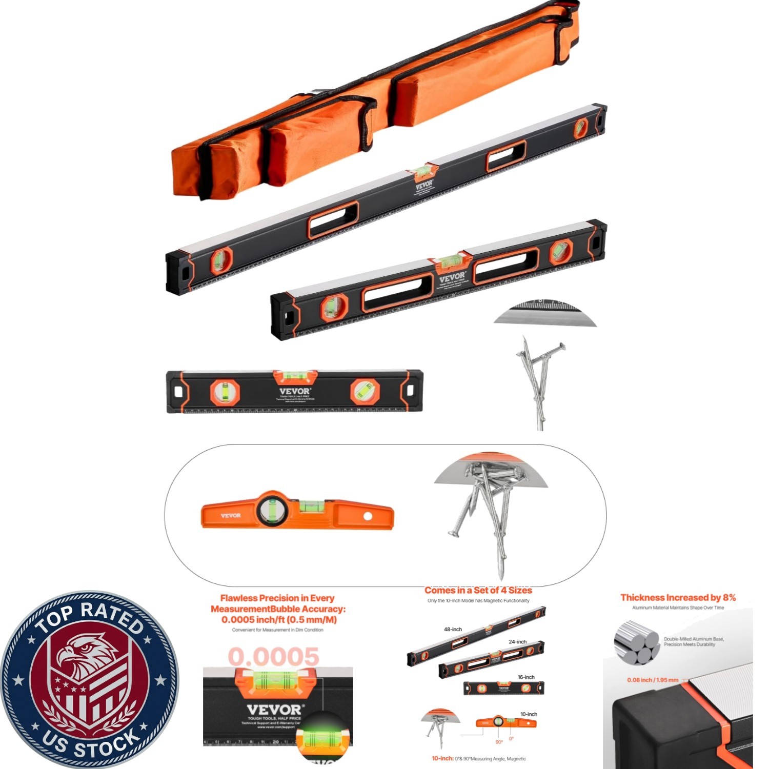 4-Piece Torpedo Level Set: 10-48 Inch Aluminum Tool with Light-Up Bubble Vials