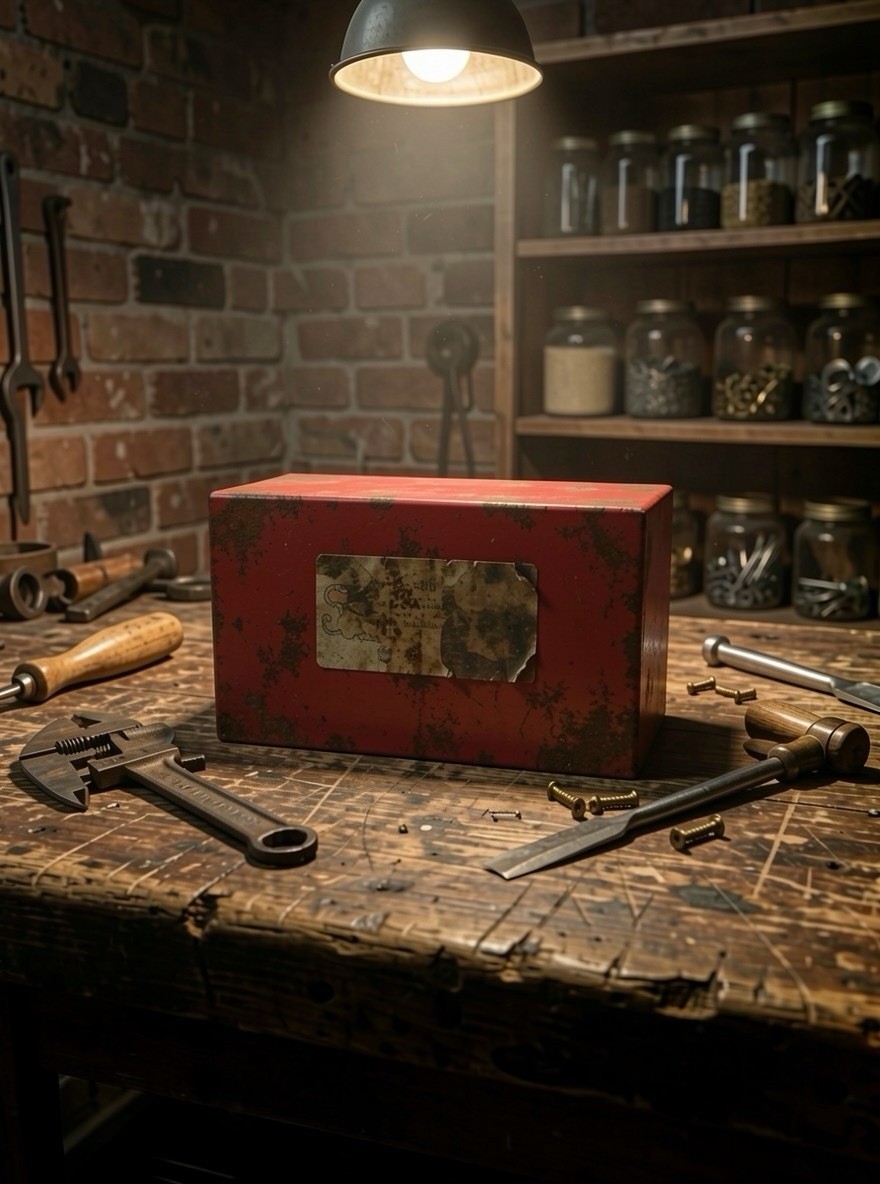 Vintage Red Metal Tool Box Tool Chest with Latch and Label, Storage Chest