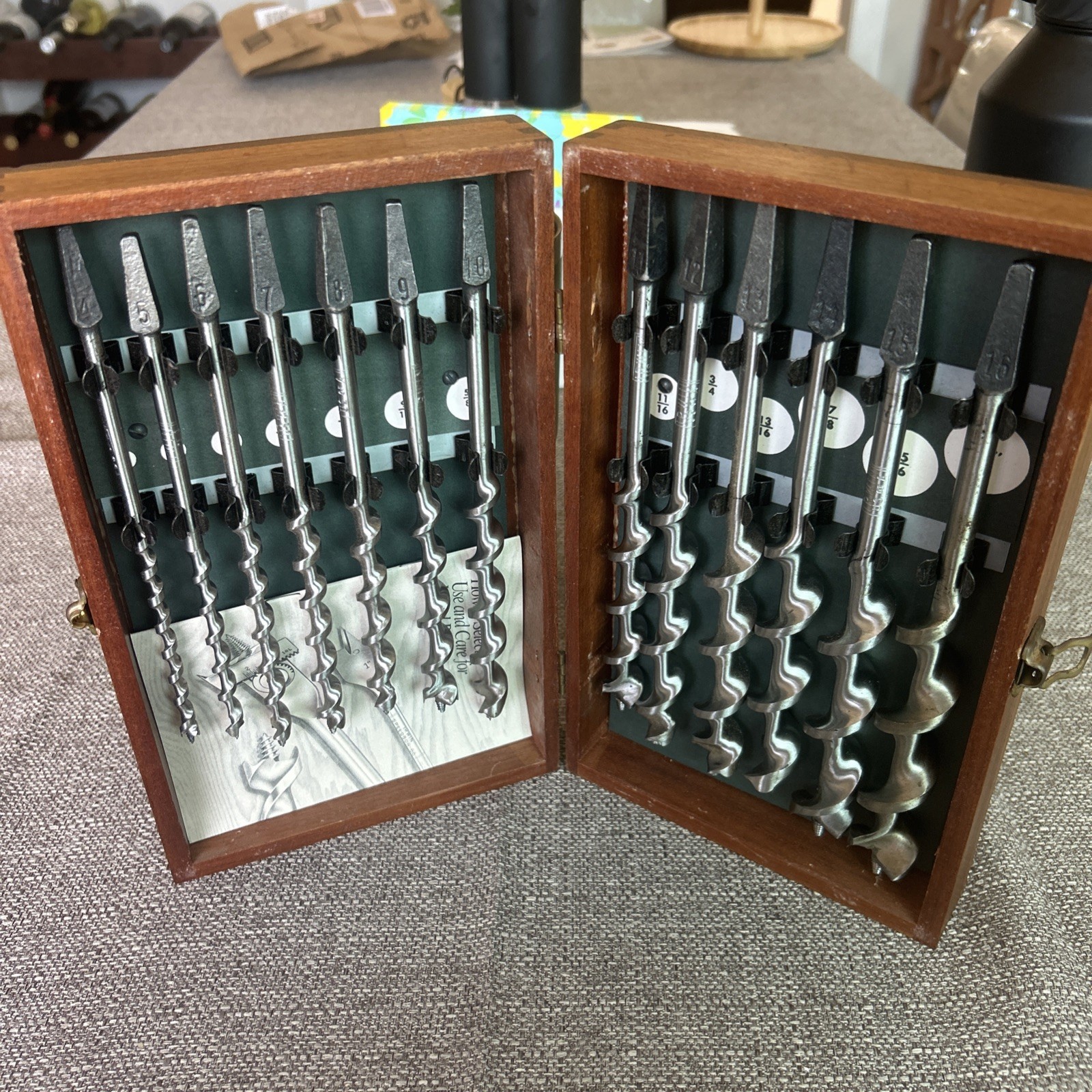 Vintage Irwin Complete 13 pc Boxed Set Auger Brace Bits Near Mint W/ Wood Box