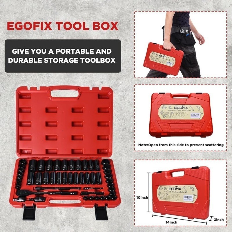 50PC Chrome Vanadium Socket Set 3/8″ Drive Deep Shallow Tools Storage Box New