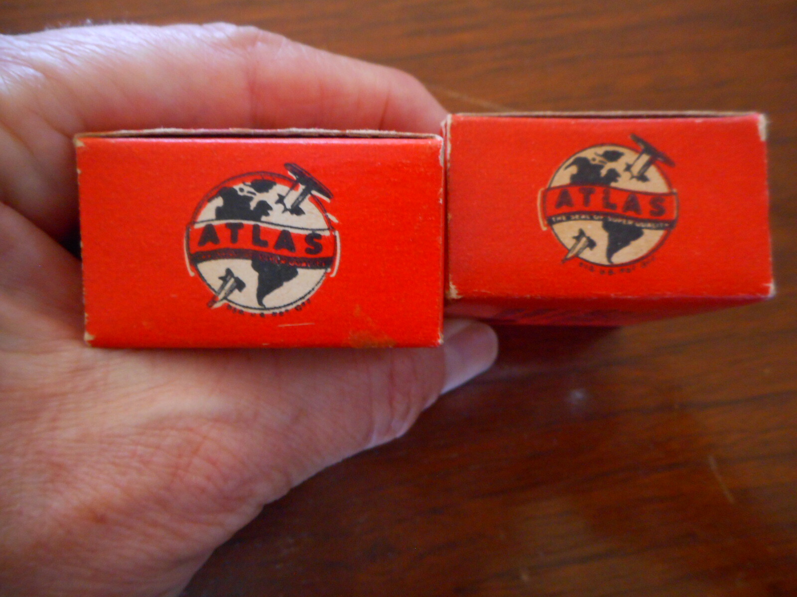 2 vintage Atlas Cardboard Window Box Brads and Cloth Staples Red Small Prop