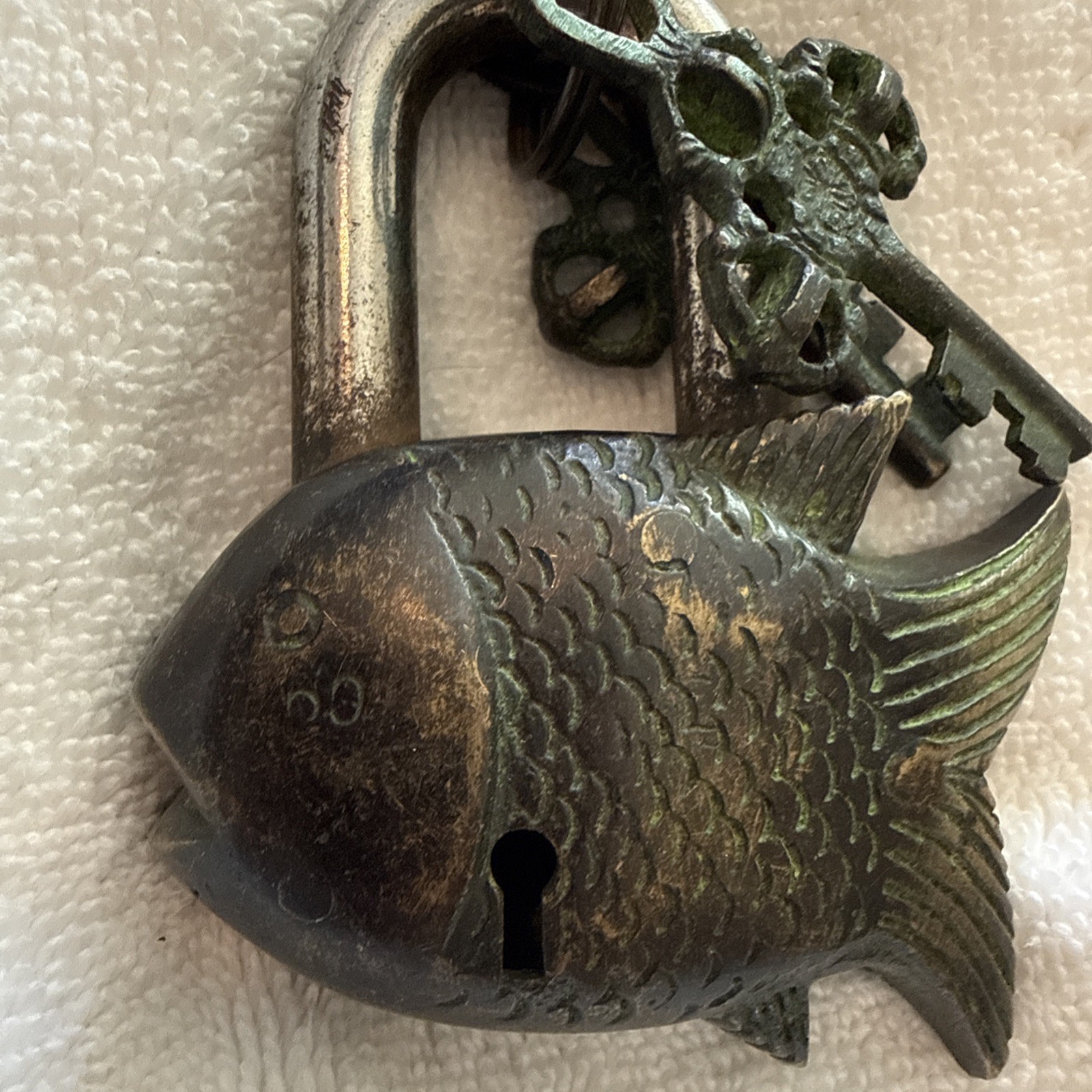 Antiqued Old Patina Brass Fish Padlock Vintage Handmade W Keys Tibetan Door Lock