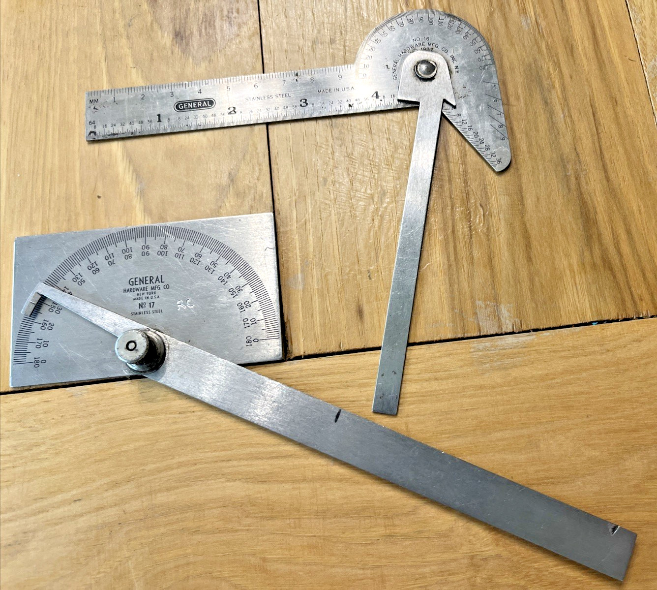 (2) General Hardware Mfg Co. Steel Protractors – No. 16 & No. 17 Machinist Tools