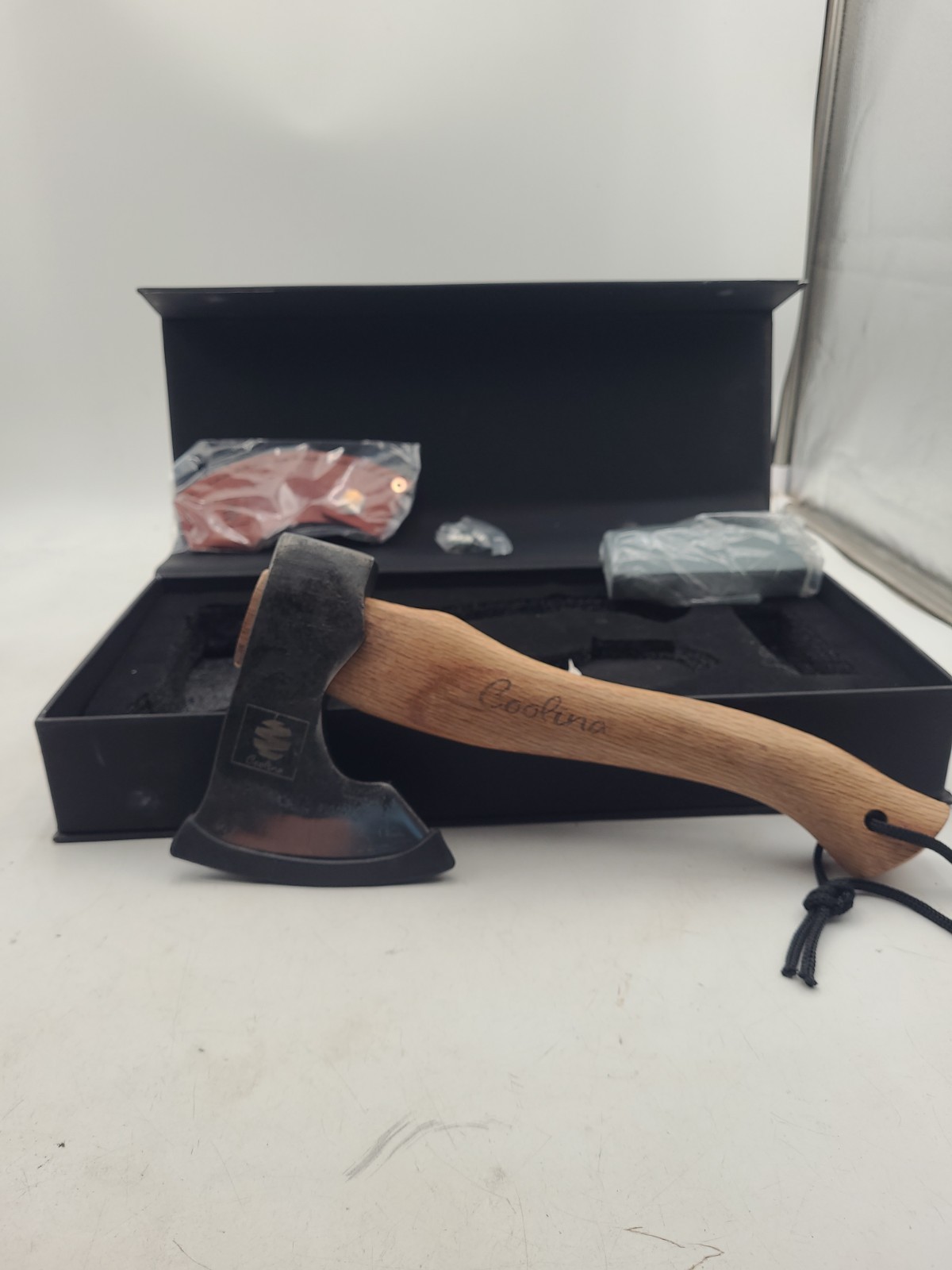 COOLINA Camping Hatchet Axe Set w/ Leather Sheath Sharpening Stone Gift Box NEW
