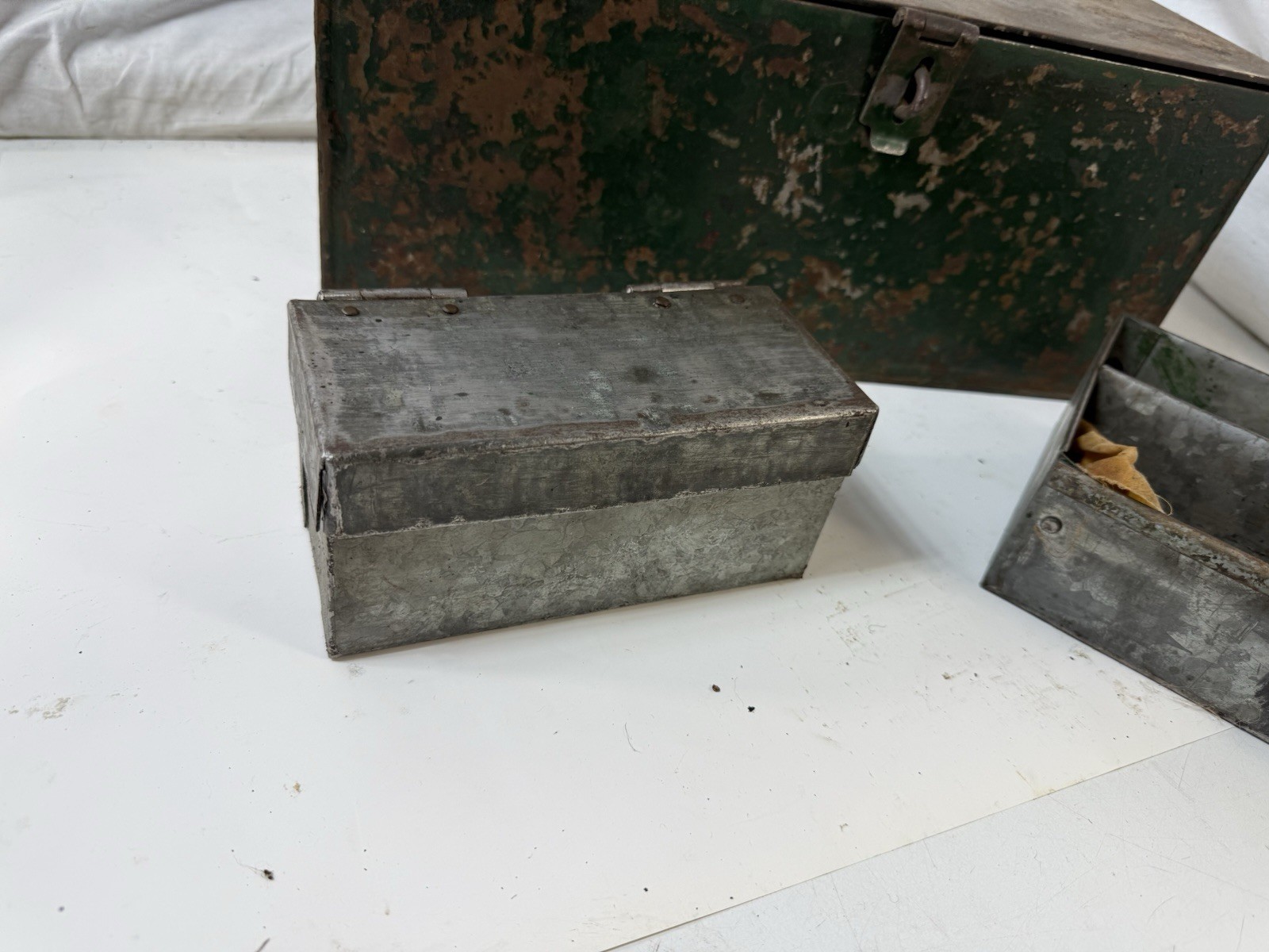 Vintage Industrial Metal Tool Box Lot Green Steel Box with Tray Galvanized